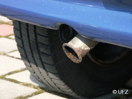 Close-up of an exhaust pipe as a possible source of cerium dioxide particles in car exhaust gases