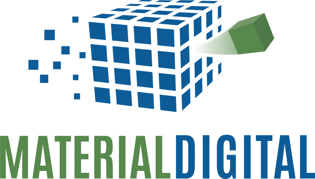 Logo zu MaterialDigital: blauer Würfel aus einzelnen Würfeln